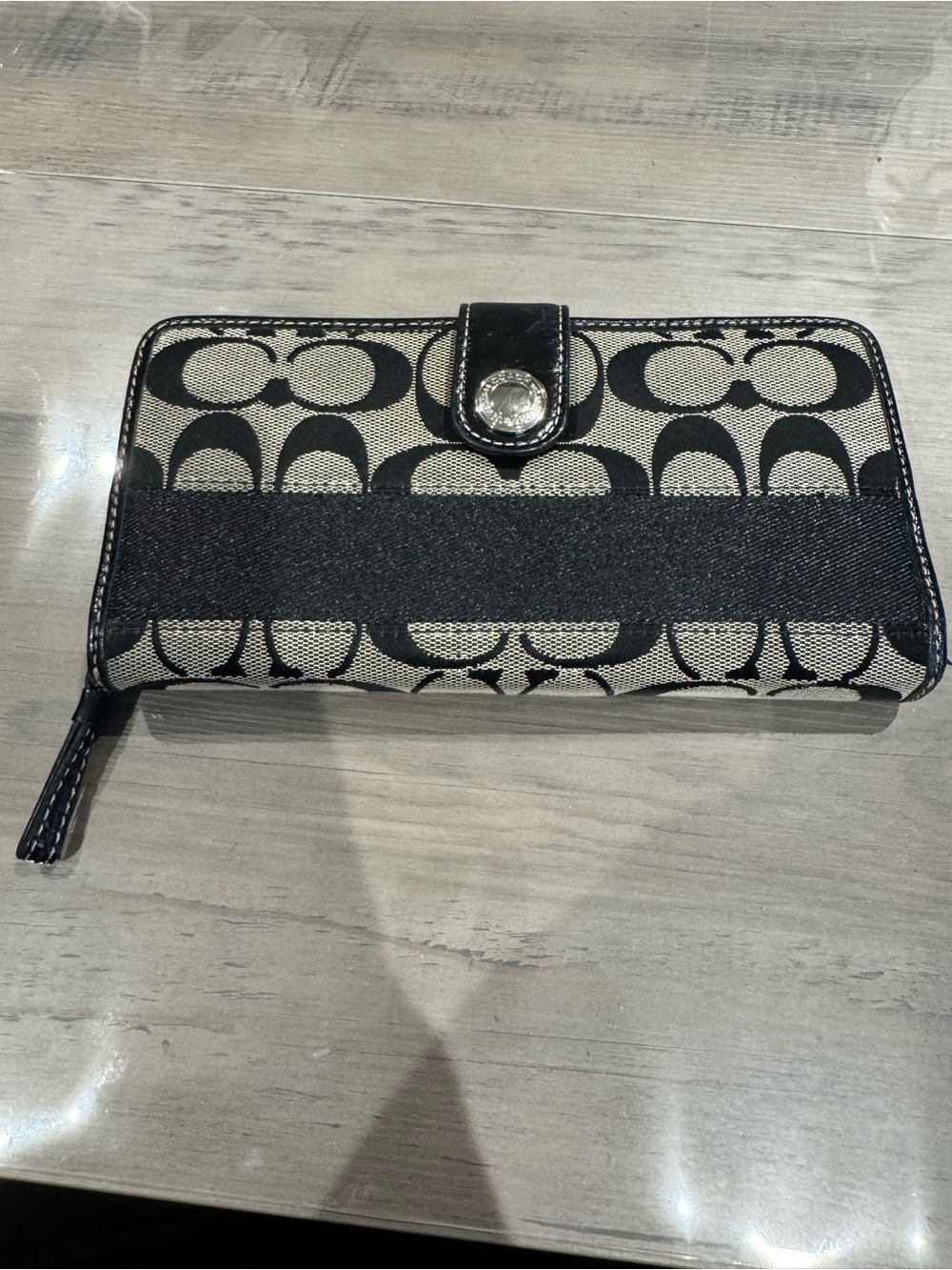 Coach Black and Khaki Signature Tab Zip Wallet